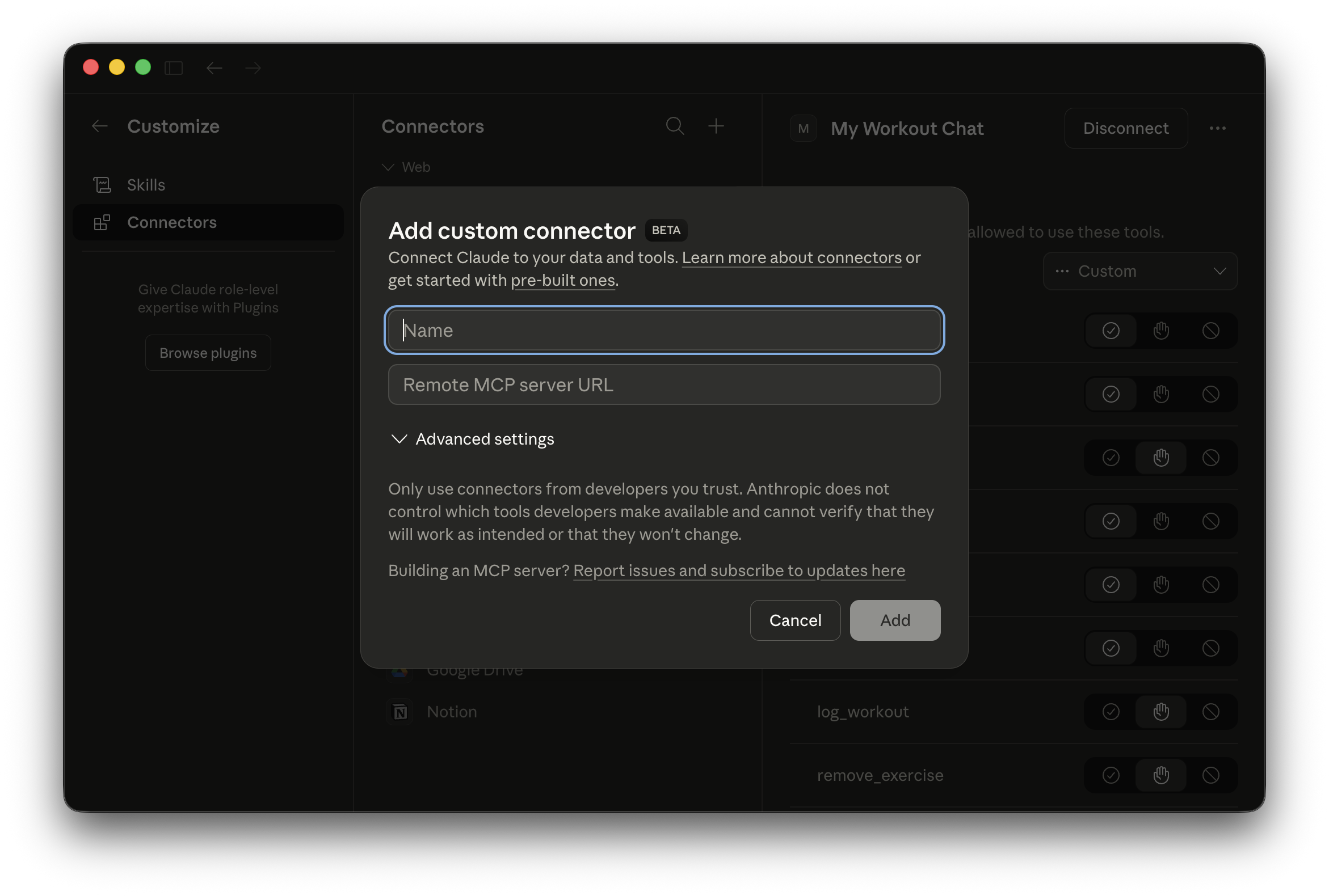 workout.chat connected in Claude.ai